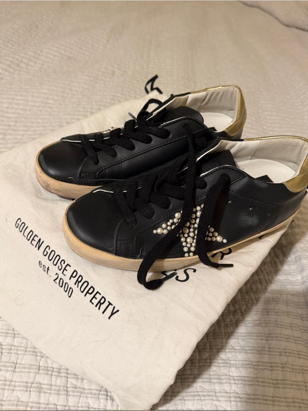 Golden Goose Black Leather Espadrille-Style Sneakers with Pearl Star Private Edi
